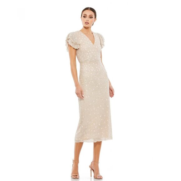 NWT Mac Duggal Floral Embellished Sequin Beaded Dress Oyster 14 #8587 - Picture 1 of 8